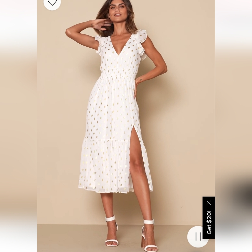Lulus White and Gold Dot Ruffled Midi Dress Size Small *NWT